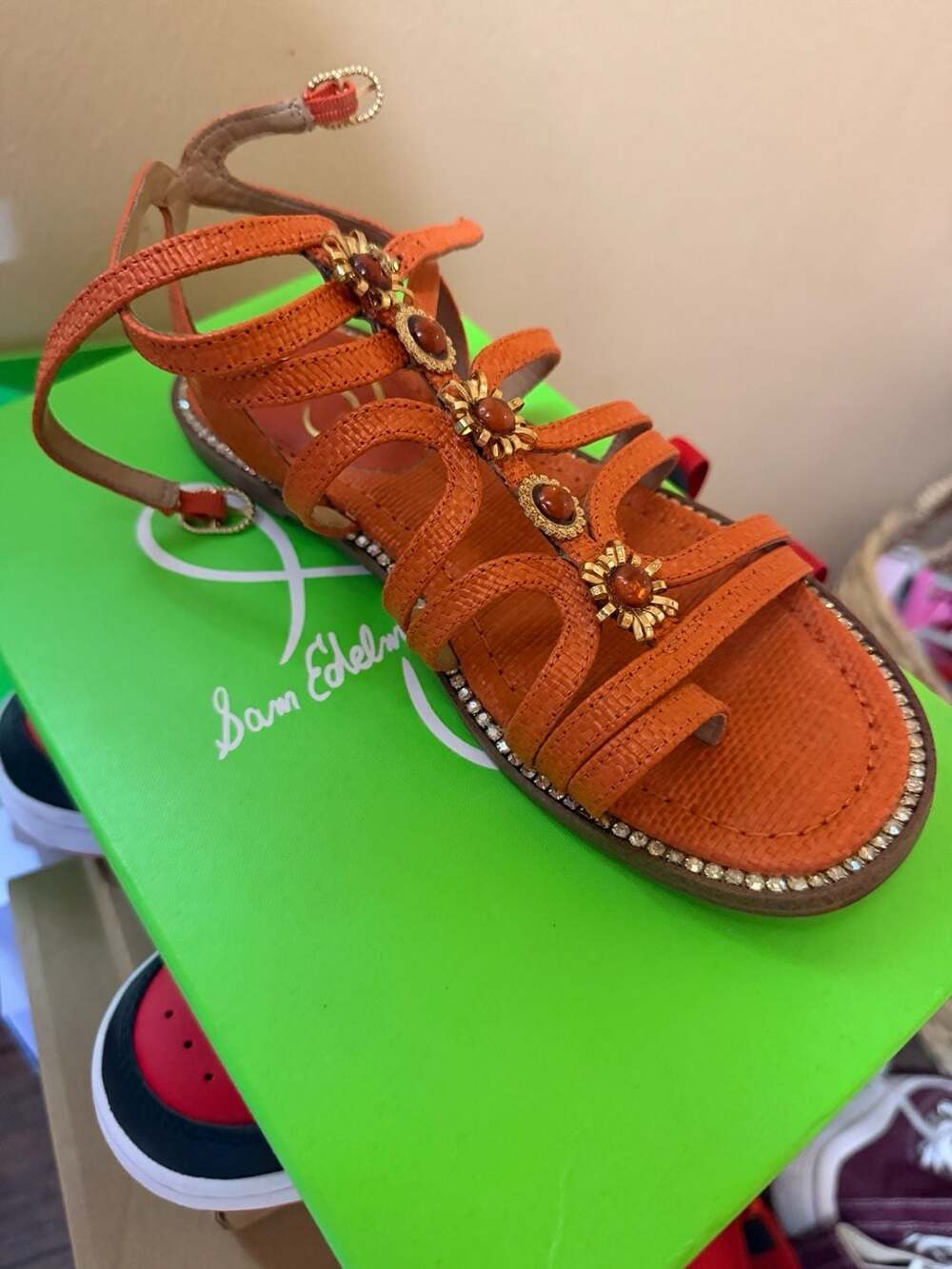 Sam Edelman Tianna Terra Orange Embellished Toe Ring Gladiator Sandals